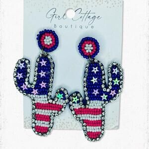 6039. Red White Blue Cactus Earrings